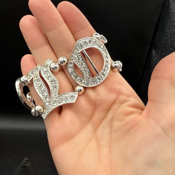 Crystal Bracelet LOVE Bling Rhinestone Heart Silver Tone 6.5" Stretch Bangle - Picture 5 of 9